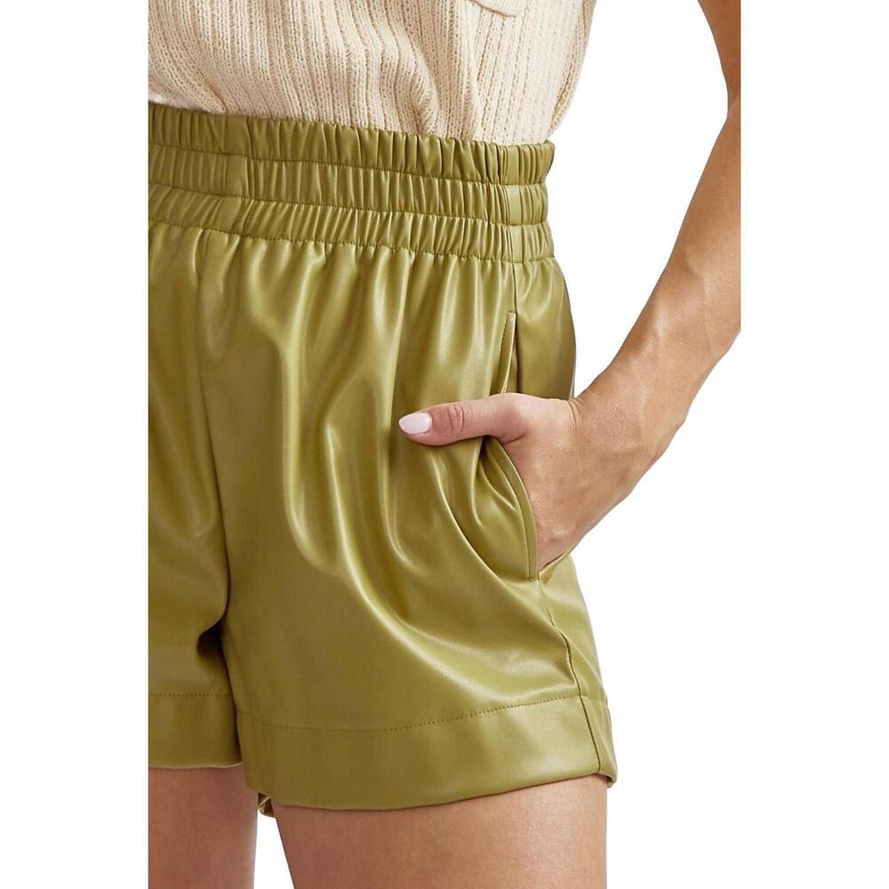 NEW ENTRO women's faux leather high waisted shorts in avocado - Picture 3 of 5